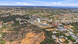 Aerial view from above the neighborhood around Reina Sophia Model Luca Unit 20 in Aruba showing residential buildings, roads, vegetation, and the coastline in the distance.