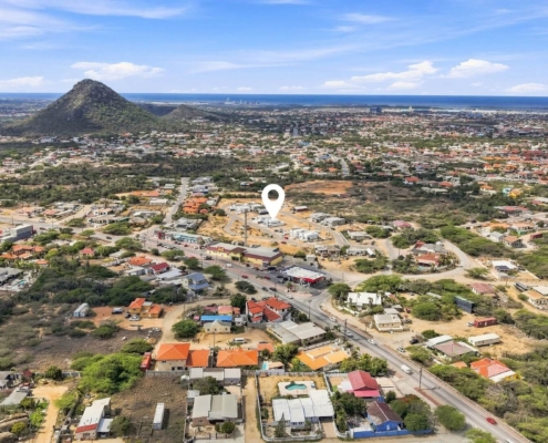 Wide aerial view around Reina Sophia Model Luca Unit 21 in Aruba showing residential streets, houses, vegetation, a prominent hill, and the sea in the distance
