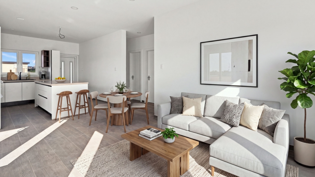 reina-sophia-model-luca-unit-32-staged-open-plan-living-area-real-estate-aruba Staged Reina Sophia Model Luca Unit 32 open-plan interior in Aruba with a sectional sofa, coffee table, dining table, kitchen island, bar stools, and wall art.