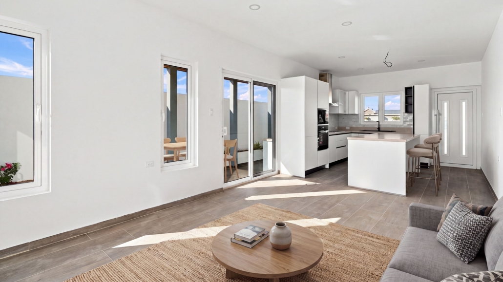 Staged Reina Sophia Model Luca Unit 36 interior in Aruba with a sofa, round coffee table, kitchen island, bar stools, dining chairs, and large windows.